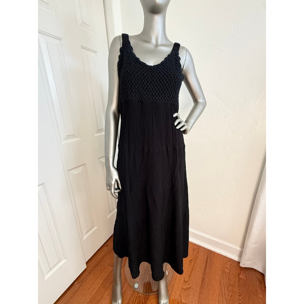 Boho Black Crochet Bodice Maxi Midi Dress Flowy Sleeveless Summer Festival S